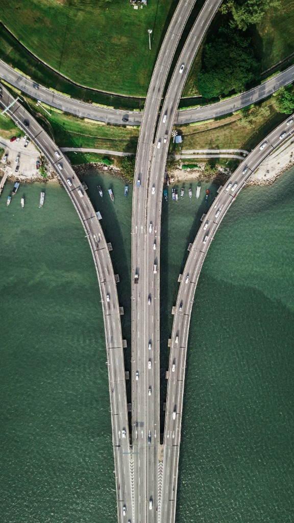 Aerial view of coastal highway bridge intermodal transport logistics