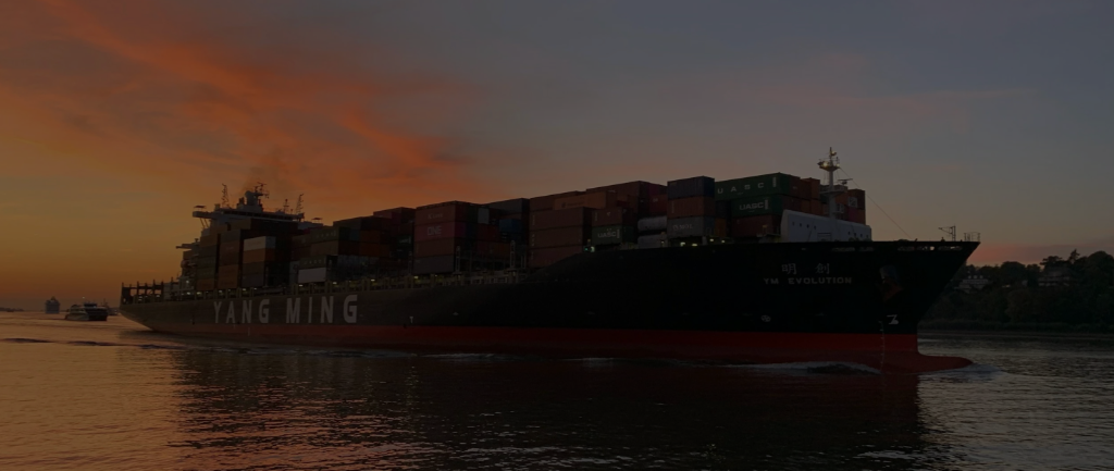 Container cargo ship sailing at sunset
