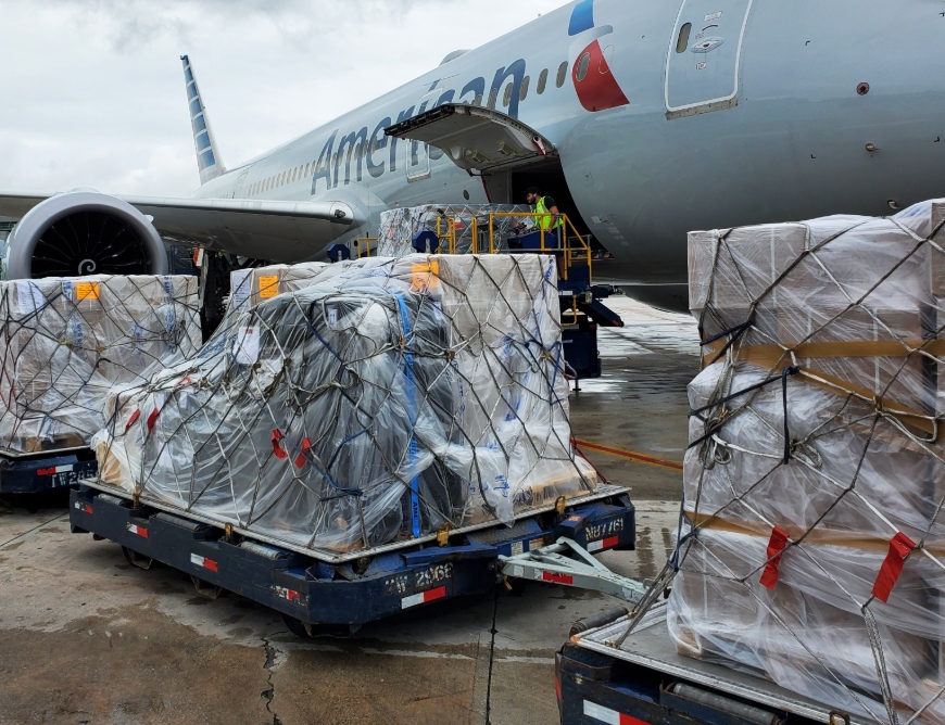 American Airlines air cargo ULD pallets loading on airport ramp