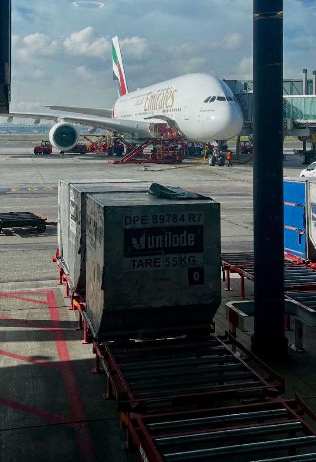 Emirates A380 air cargo ULD container on airport ramp
