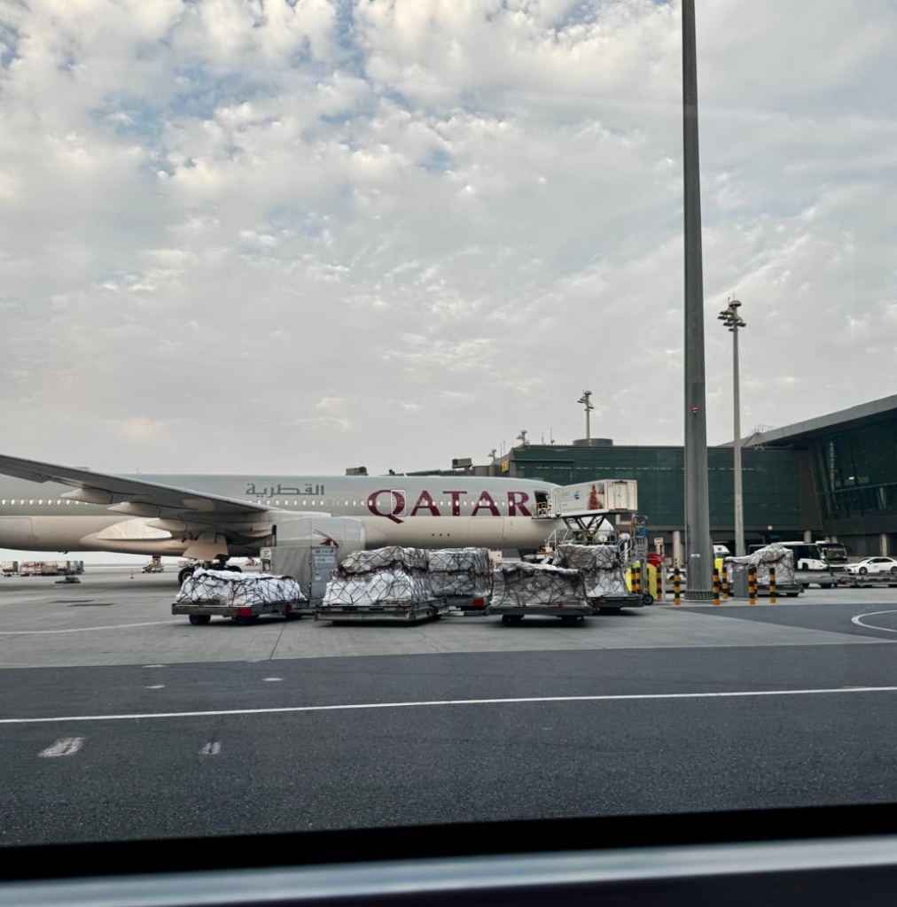 Qatar Airways air cargo pallet loading on tarmac