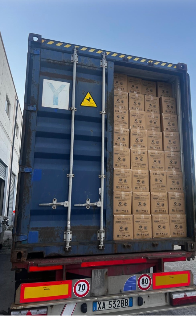 Opened blue container loaded with cargo boxes