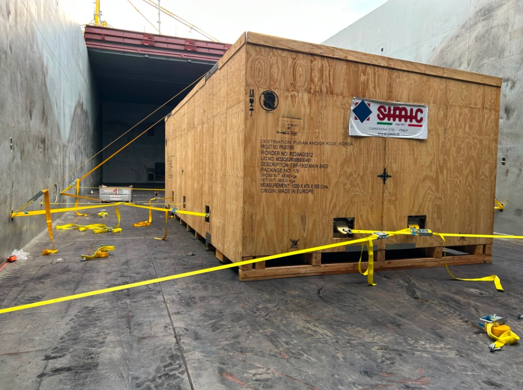 SIMIC heavy industrial wooden crate secured in vessel cargo hold
