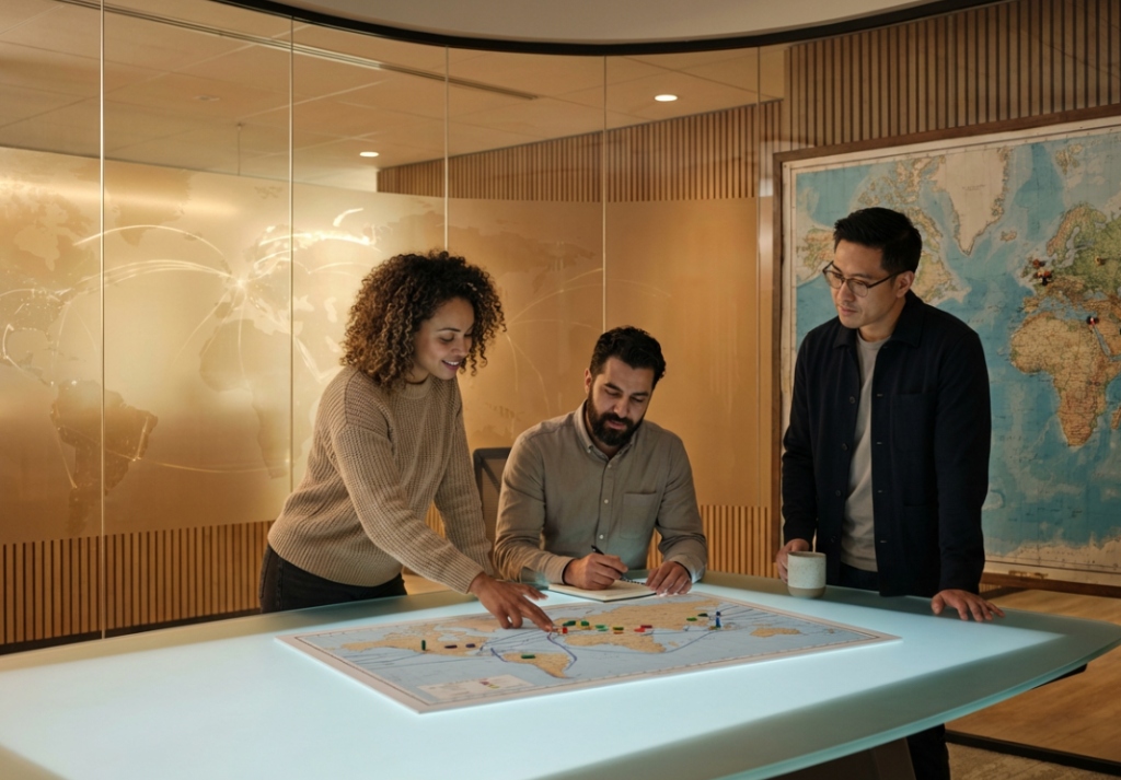 LogiTrack trade logistics experts analyzing global shipping route map in strategy meeting